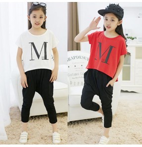 White red short sleeves harem pants shorts sleeves t shirt girls kids children school play performance jazz hip hop dance outfits costumes